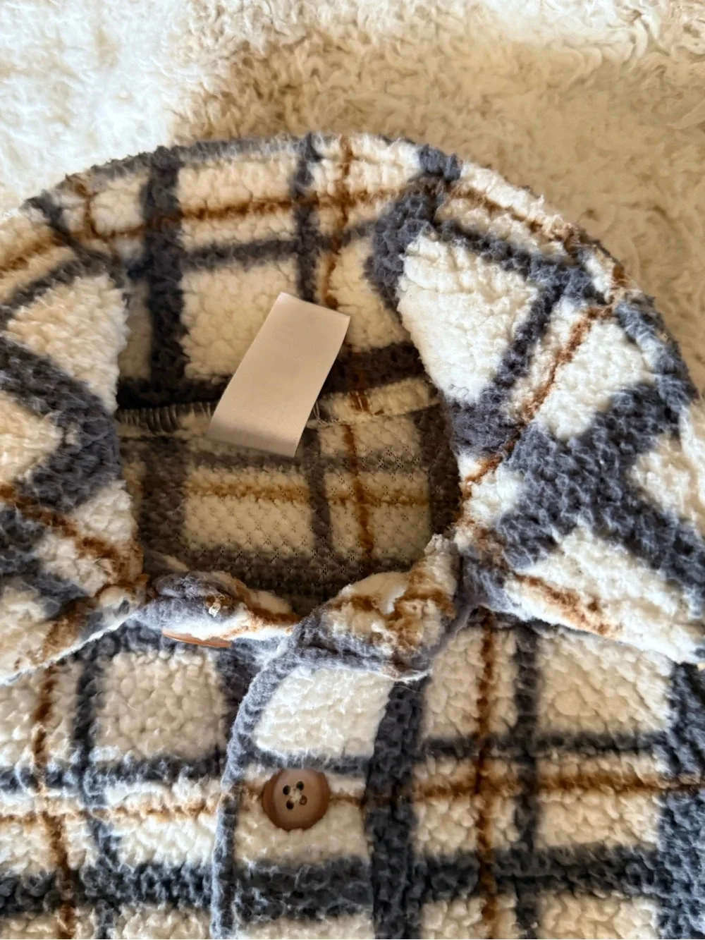Carter's Plaid Sherpa Button-Up Jacket - Cream, Gray & Brown